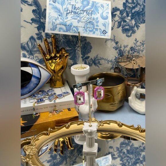 🆕 KURT GEIGER LONDON 🧿 NWOT Rectangle Stone Earrings, Metallic Blue & Pink - Picture 7 of 16